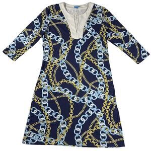 J. McLaughlin Augusta Dress Catalina Cloth Blue Chain Link V-Neck Size M